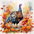 Amiable Watercolor Turkey Strutting Amidst Colorful Autumn Leaves and Blooms on White Background AI Generated