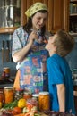 Amicable family on kitchen.