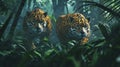 Amid the dense greenery of the rainforest, two jaguars move cautiously, their sharp gaze locked on their path.
