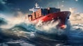 Amid endless waves, a cargo ship sails. Its massive frame plows through waters, voyage of commerce