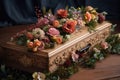 Amid grief and mourning, a beautiful floral arrangement of roses and flowers adorns the wooden coffin Royalty Free Stock Photo