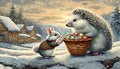 Adorable woodland critters, a rabbit and a hedgehog, eagerly retrieve Christmas surprises from a basket, anticipating