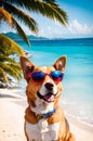 A canine sporting sunglasses while enjoying the seaside.