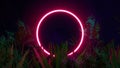 Amid tropical plants, a red neon circle. Retrowave 3D abstraction, merging nature and tech Royalty Free Stock Photo