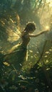 Amidst ancient ruins a fairy wields sparkling dust illuminating secrets with each delicate touch