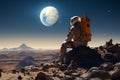 Amidst arid wilderness, an astronaut sits on a solitary desert boulder