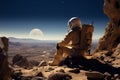 Amidst arid wilderness, an astronaut sits on a solitary desert boulder