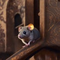 Amidst the balcony\'s confines, adorable mouse darts swiftly, its movements captured in a face-to-face view.