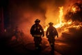 Amidst billowing flames and thick smoke, a powerful image encapsulates the valiant efforts of firefighters battling an inferno. Th