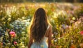 A Long hair Beautiful woman standing in the middle of blooming garden.