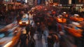 Amidst the chaos of the city the blurred activity of people rushing by and cars zooming past create an electric energy