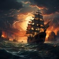 Sunset Clash: Battle Ship Amidst Turbulent Seas and Fiery Horizons