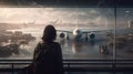 Airport Ambience: Woman Contemplating Amidst Plane Chaos in Stunning 3D Render