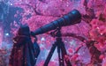 Amidst cherry blossoms a cyberpunk magician uses a hightech telescope uncovering hidden mythological patterns in the stars