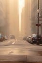 misty city street at sunrise.