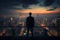 Amidst city shadows, a poised businessman takes in the rooftop view Royalty Free Stock Photo