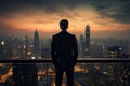 Amidst city shadows, a poised businessman takes in the rooftop view Royalty Free Stock Photo