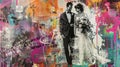 Amidst a collage of tags and vibrant spraypainted designs a bride and groom radiate elegance on their wedding day