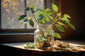 Coins in a transparent glass jar, a vibrant green plant unfurls its delicate leaves. AI Generated