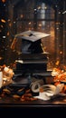 Amidst confetti, a graduation cap and books signify educational triumph and celebration