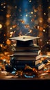 Amidst confetti, a graduation cap and books signify educational triumph and celebration