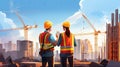 Two engineers shaking hands on the background of a construction site with cranes