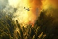 Amidst danger, a fire helicopter takes center stage, performing critical water drops to combat. Ai generative