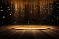 Amidst the darkness of a black background, a wooden stage showcases a podium, complemented by floating golden particles, evoking a Royalty Free Stock Photo