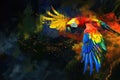 Amidst darkness, a colorful parrot speaks digital truths, a beacon of insight Royalty Free Stock Photo