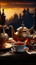 Amidst the desert sands, an Arab teapot, cup, and dates stand