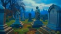 An abandoned cemetery, shrouded in cobwebs and clouds. In the distance, old graves are visible, and in front of them stands an Royalty Free Stock Photo