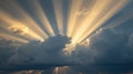 Amidst a dramatic backdrop of rolling storm clouds, rays of brilliant light burst forth in a grand display, Generative AI Royalty Free Stock Photo