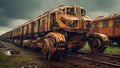 An old yellow armored train traveling on a railway in the rain.