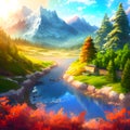 river green mountains forest scene