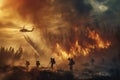 Amidst a fierce forest fire, a team of firefighters and a helicopter work in unison against a backdrop of flames and smoky