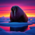 Walrus reclines on ice sheet with glorious sunset as backdrop