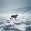 Lone wolf stands in the frozen tundra, with blizzard forming