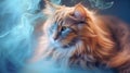 Amidst the light blue smoke, the Siberian cat exhibits its majestic presence and captivating allure