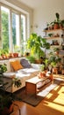 Amidst the lush foliage and cozy furniture, a sunlit room becomes a sanctuary of greenery and relaxation