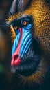 Amidst lush jungle foliage, a mandrill\'s face is captured in exquisite detail, revealing its unique charm and character