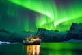 Amidst the majestic fjord, the night sky is adorned with vibrant hues of the Aurora borealis, creating a stunning