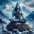 Mahadeva sitting on the Himalayas doing penance and light snow is falling. Maha Shivaratri Mahadev