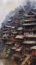 Small Wooden Houses in Small Mountain Villages in China in the Rain Royalty Free Stock Photo