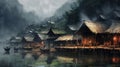 Small Wooden Houses in Small Mountain Villages in China in the Rain Royalty Free Stock Photo