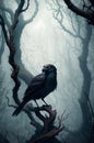 A spooky raven looking sideways on a tree branch in a misty, foggy night.