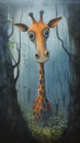 Amidst the Misty Trees: A Worried Giraffe in the Jungles of Tan