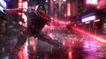 Amidst a neon-lit cyberpunk city, the sleek cyber-samurai engages in a frenetic blade duel, AI generated