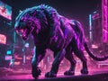 illustration of a ferocious tiger attacking a city in cyberpunk style