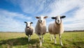 Three curious sheep stand in a open green field Royalty Free Stock Photo
