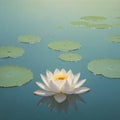 A solitary white blossom drifts serenely atop the surface of a still body of water.